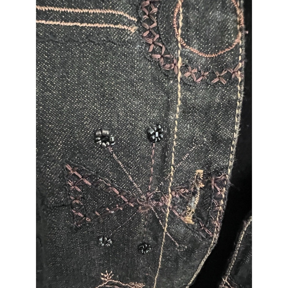 Chicos Size 2 Washed Black Embroidered Beaded Silk Lined Denim Jacket Cotton - Picture 4 of 9